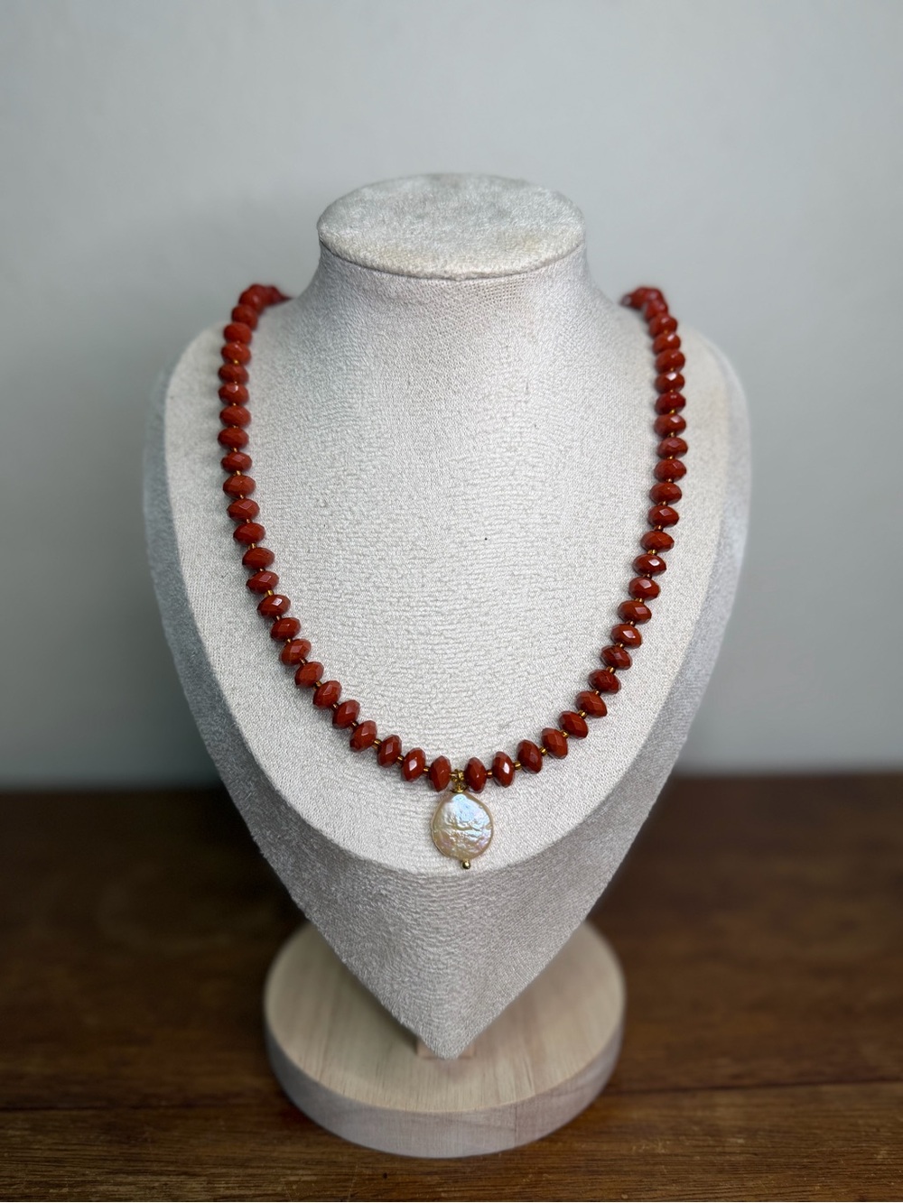 ARTISAN Faceted Red Jasper Beaded Necklace with Freshwater Pearl Pendant